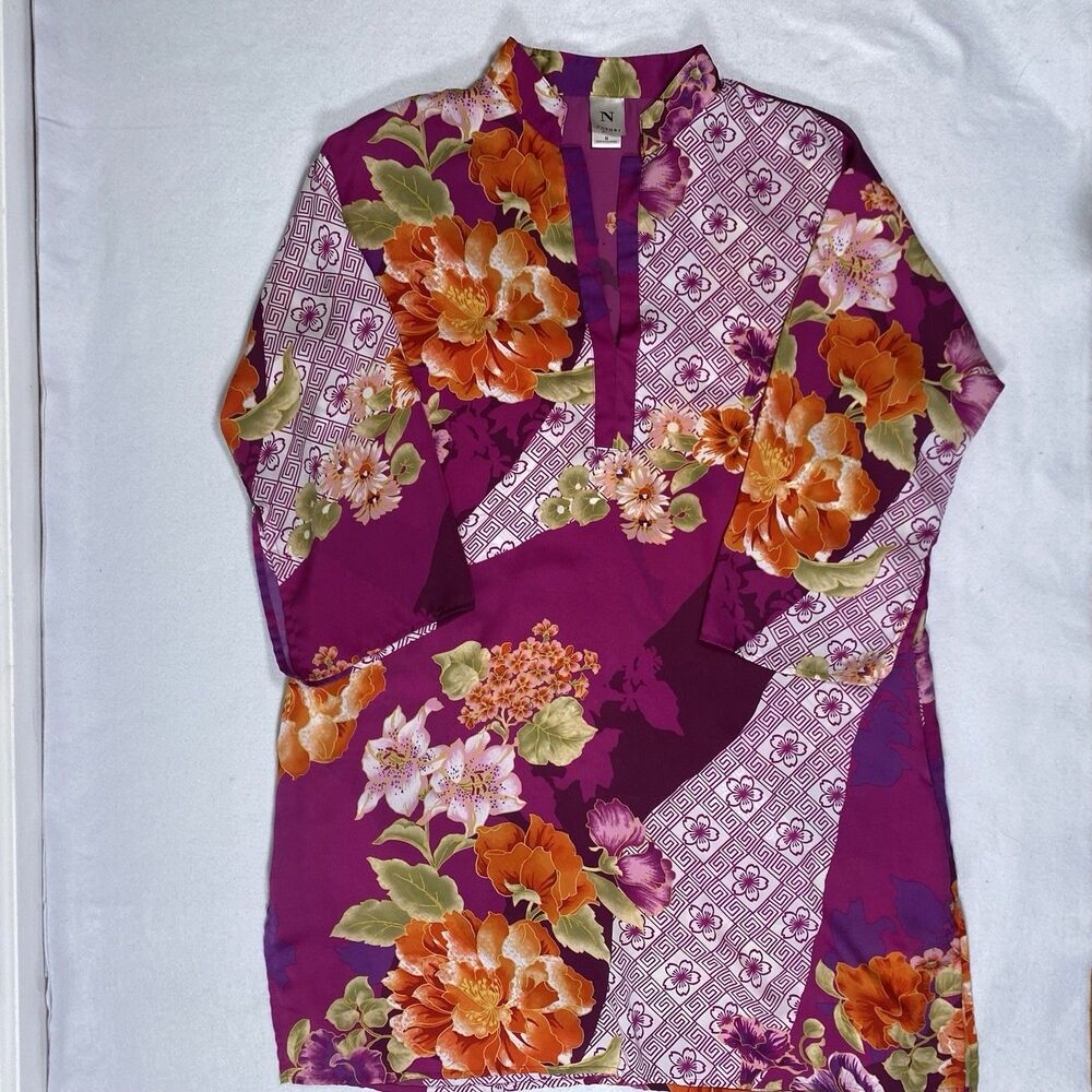 Natori Floral Print Kaftan Size Med Pockets Polyester Multicolor Fuschia Floral